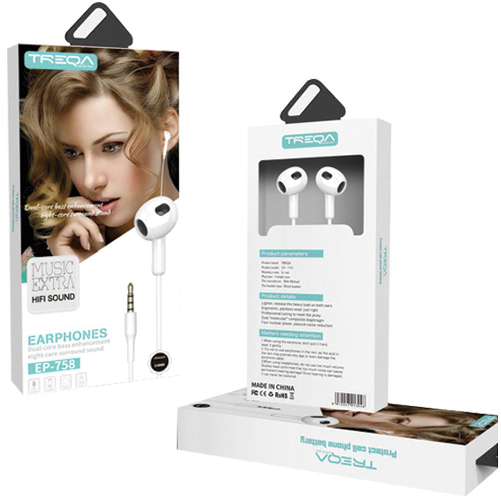 Treqa Ενσύρματα Ακουστικά Earbuds με Μικρόφωνο και Βύσμα 3.5mm - Λευκό