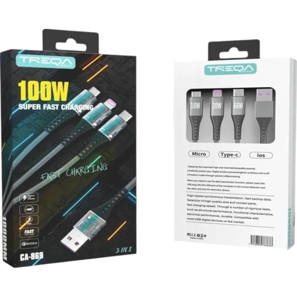 TREQATreqa Καλώδια Δεδομένων Για Γρήγορη Φόρτιση 3 σε 1 CA-869 100W – Super Fast Data Cables 3 in 1papell.gr