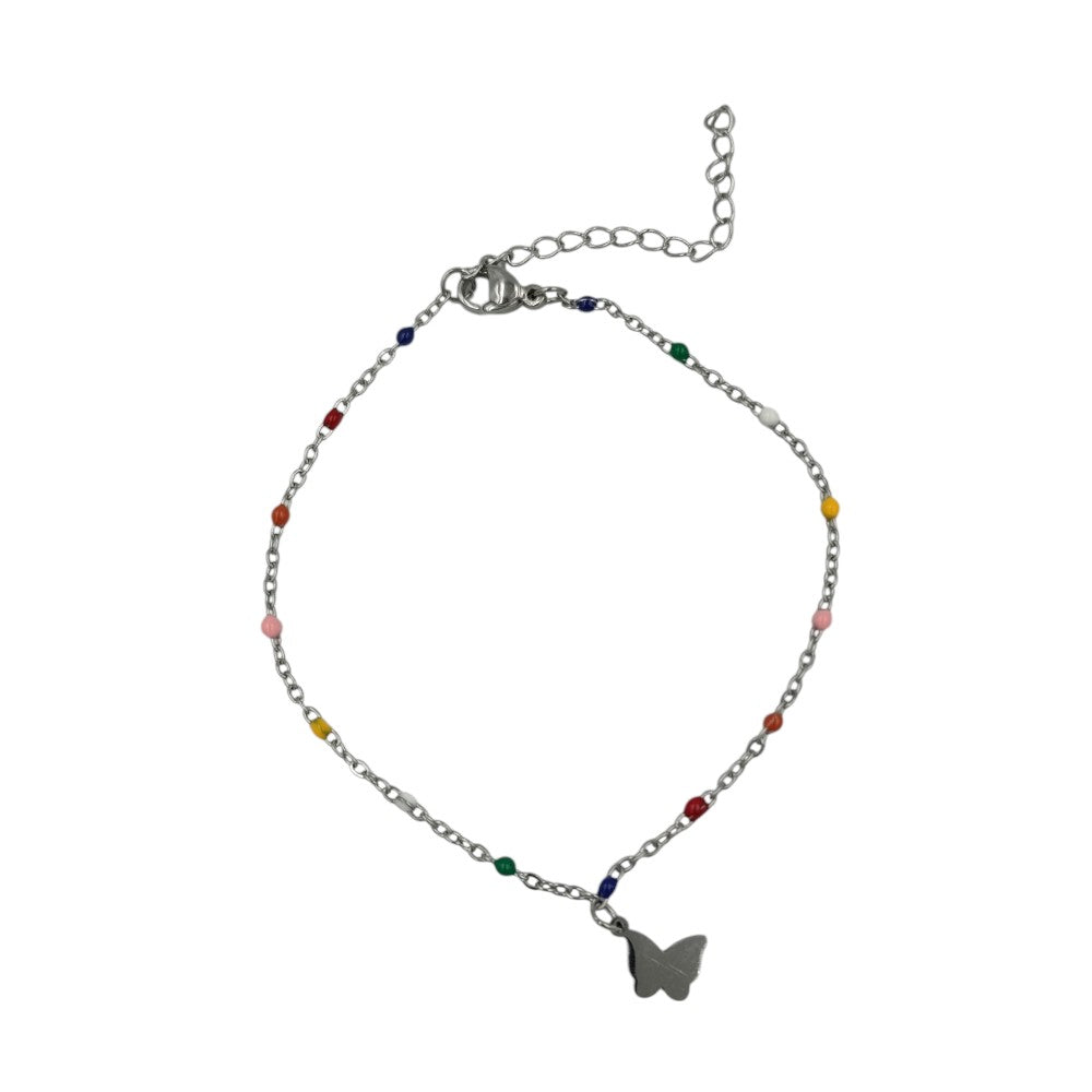 OEMΒραχιόλι Αλυσίδα Ατσάλινο Με Χρωματιστές Χάντρες & Κρεμαστή Πεταλούδα Ασημίpapell.gr