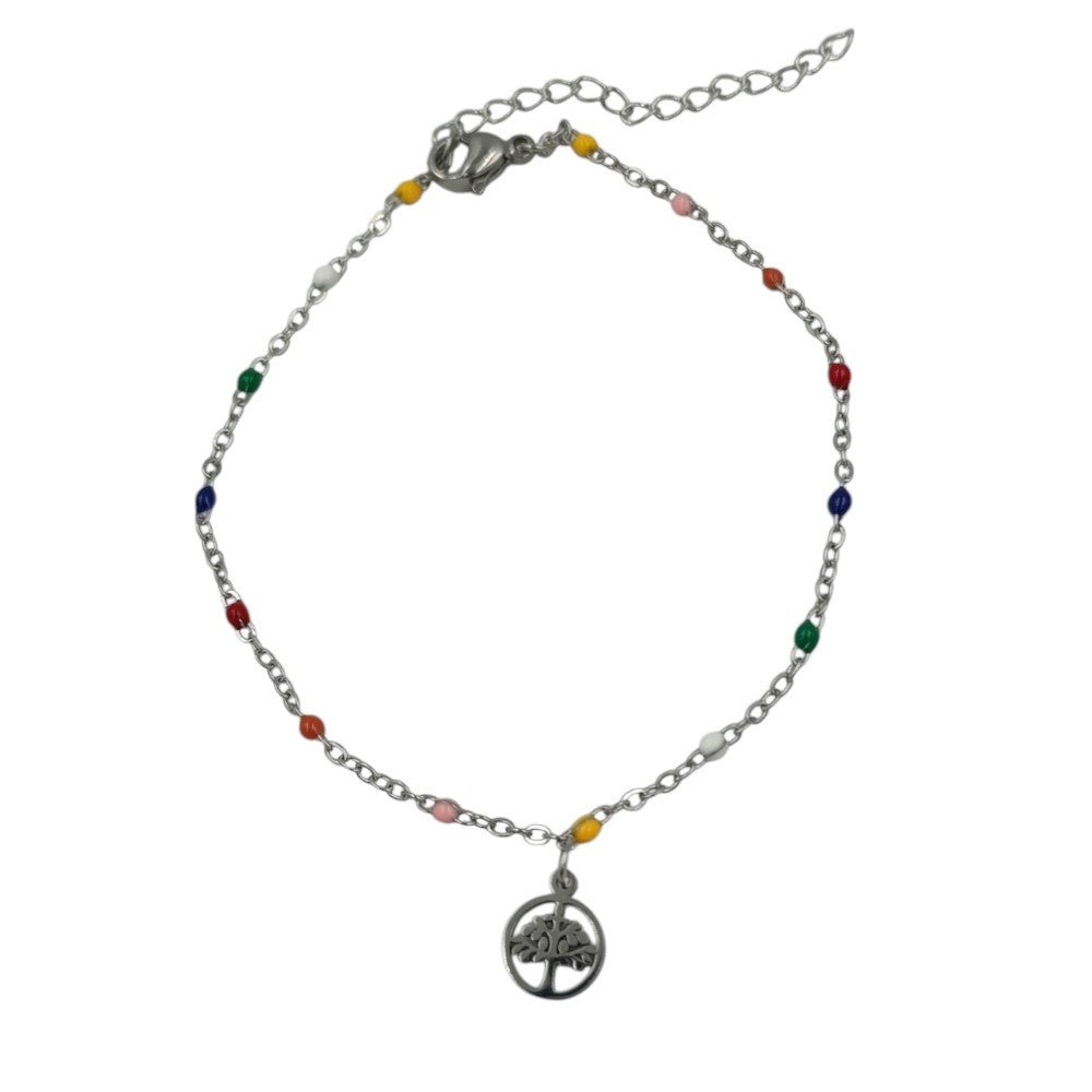 OEMΒραχιόλι Αλυσίδα Ατσάλινο Με Χρωματιστές Χάντρες & Κρεμαστό Δεντράκι Της Τύχης Ασημίpapell.gr