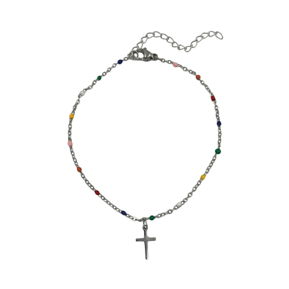 OEMΒραχιόλι Αλυσίδα Ατσάλινο Με Χρωματιστές Χάντρες & Κρεμαστό Σταυρό Ασημίpapell.gr