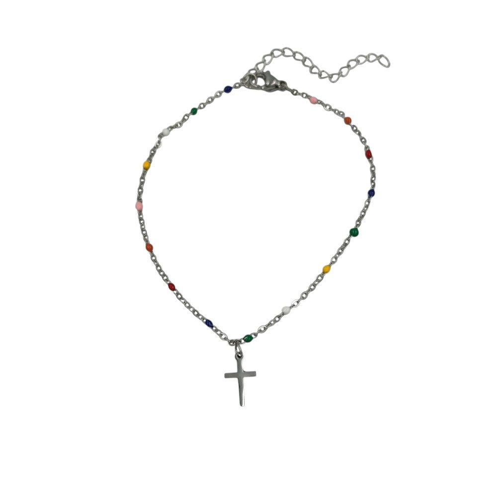 OEMΒραχιόλι Αλυσίδα Ατσάλινο Με Χρωματιστές Χάντρες & Κρεμαστό Σταυρό Ασημίpapell.gr