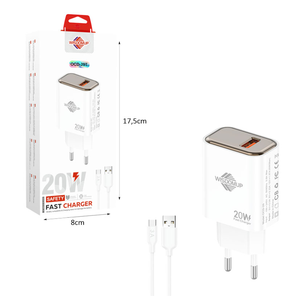 Wisdomup Φορτιστής Ταχείας Φόρτισης 20W με Καλώδιο USB-C σε Type-C
