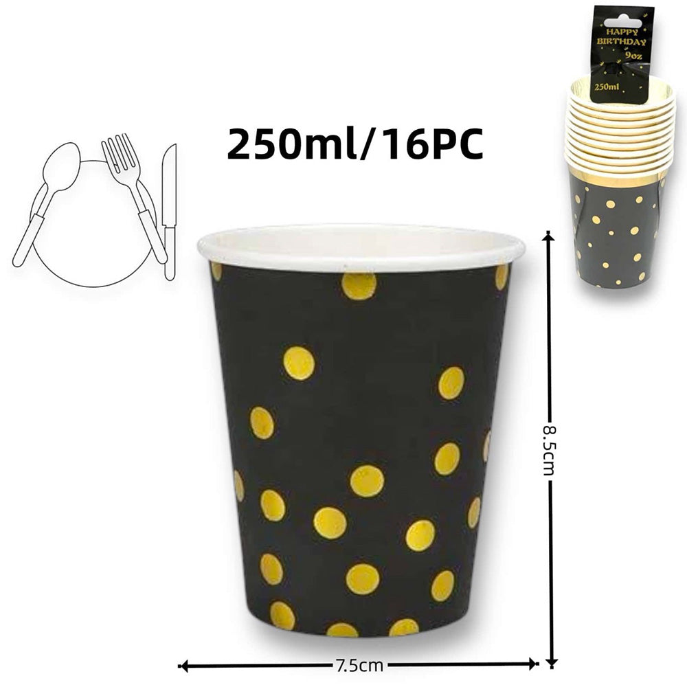 Σετ Χάρτινα Ποτήρια Party Μαύρα με Χρυσές Βούλες 250 ml – 16 Τμχ