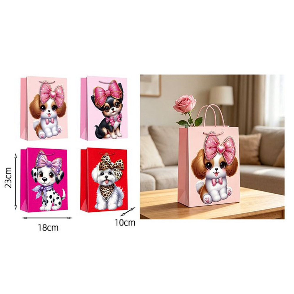 Χάρτινη Σακούλα Δώρου Cute Dogs με 3D Φιόγκο 23 x 18 x 10 εκ σε 4 Σχέδια – 1 Τμχ
