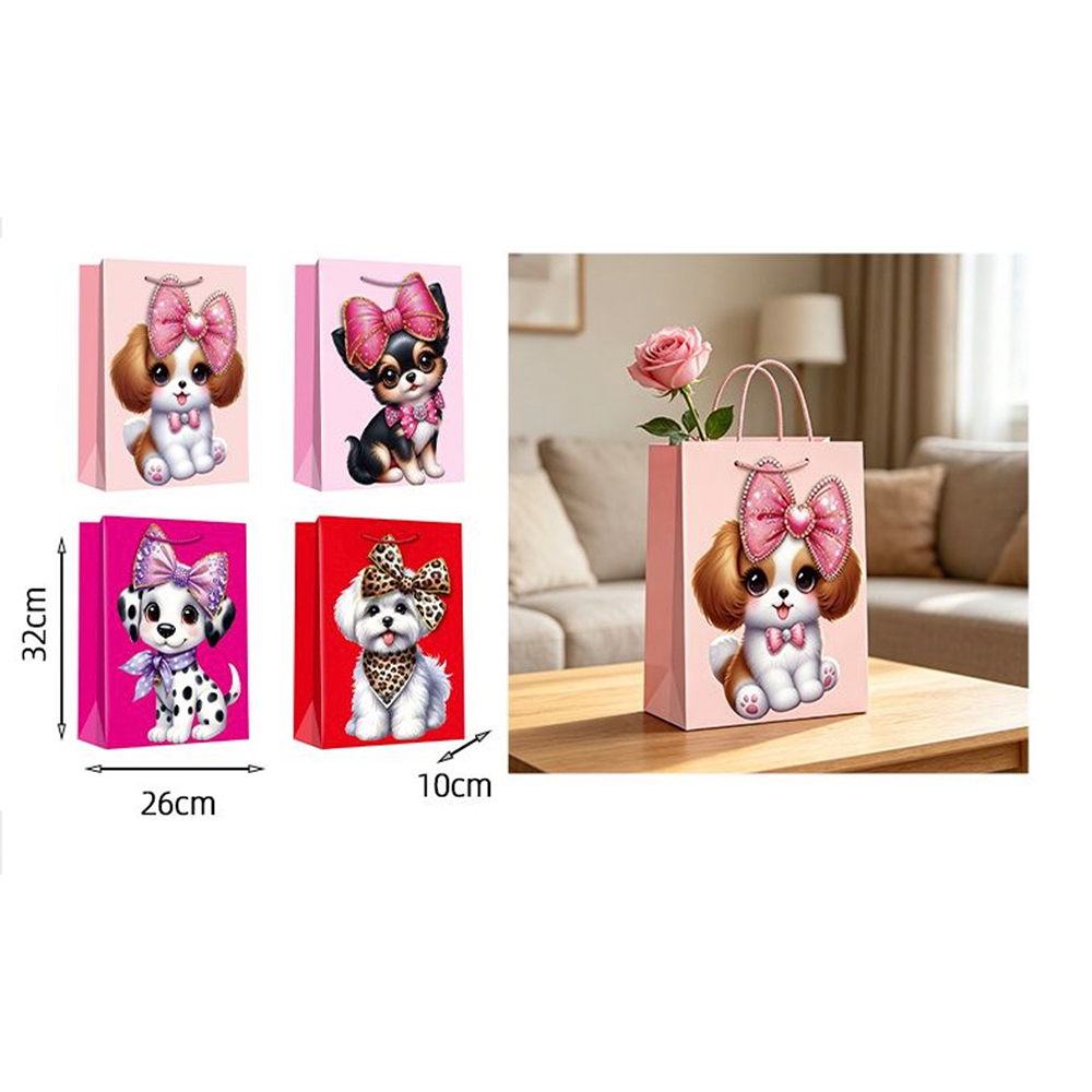 Χάρτινη Σακούλα Δώρου Cute Dogs με 3D Φιόγκο 32 x 26 x 10 εκ σε 4 Σχέδια – 1 Τμχ