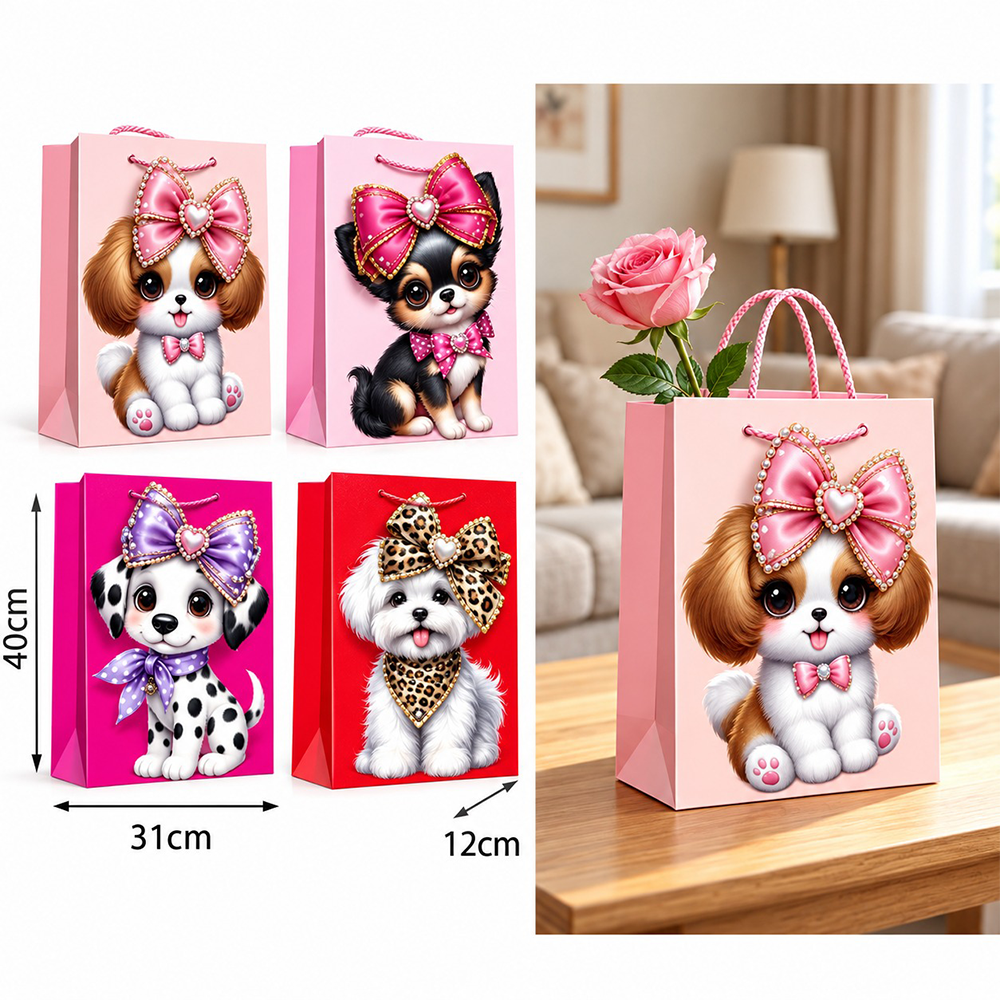 Χάρτινη Σακούλα Δώρου Cute Dogs με 3D Φιόγκο 40 x 31 x 12 εκ σε 4 Σχέδια – 1 Τμχ