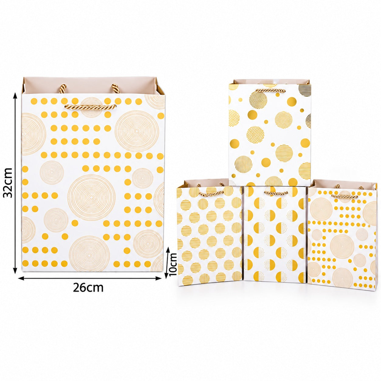 Χάρτινη Σακούλα Δώρου Gold Dots 32 x 26 x 10 εκ σε 4 Σχέδια – 1 Τμχ