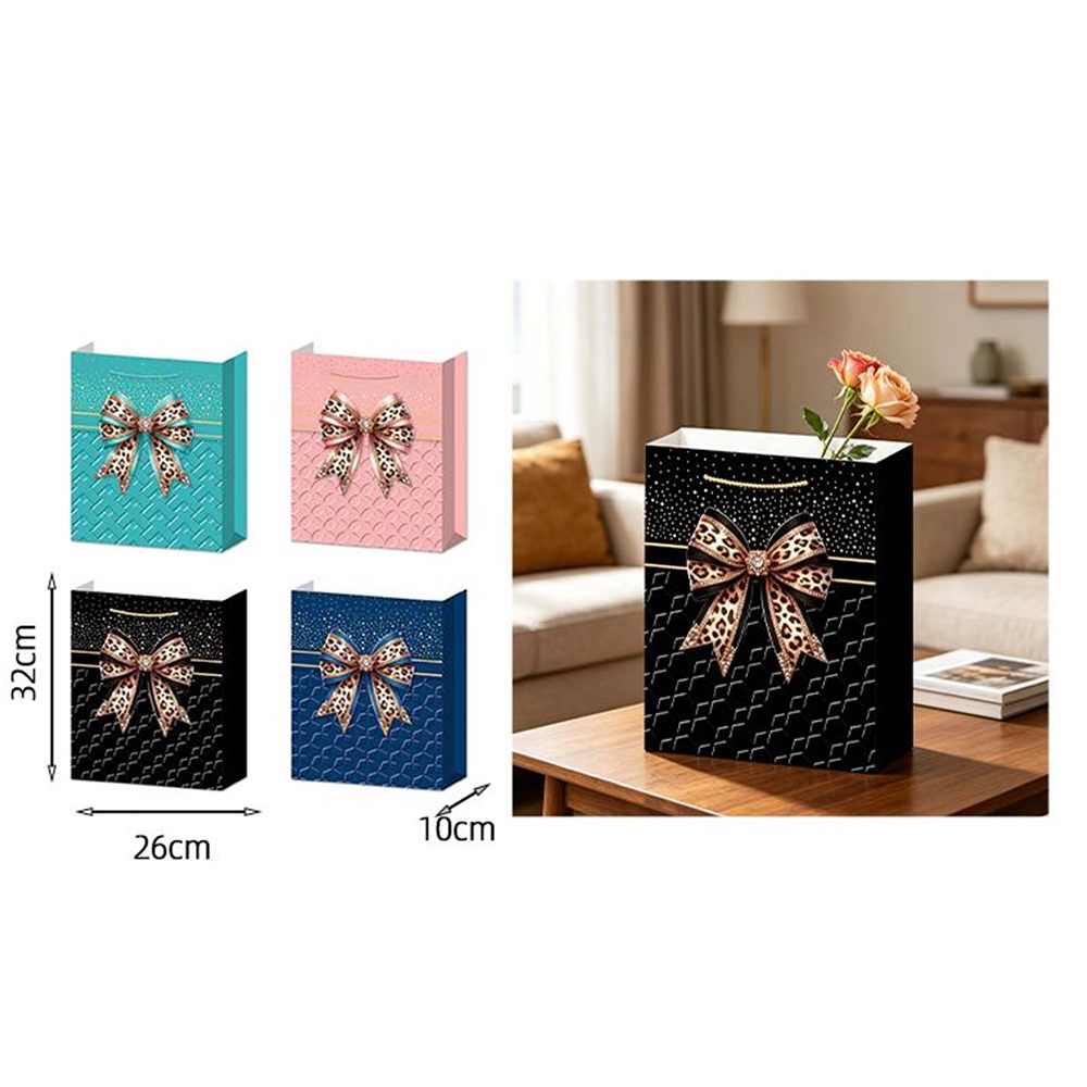 Χάρτινη Σακούλα Δώρου Luxury Leopard Bow 32 x 26 x 10 εκ σε 4 Χρώματα – 1 Τμχ