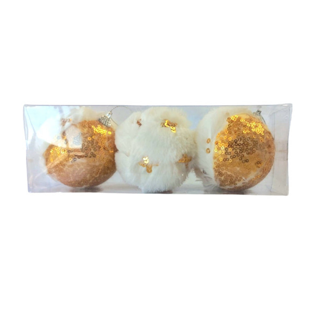 Χριστουγεννιάτικες Μπάλες Σετ Λευκή Γούνα Χρυσές Πούλιες 8εκ 3τμχ