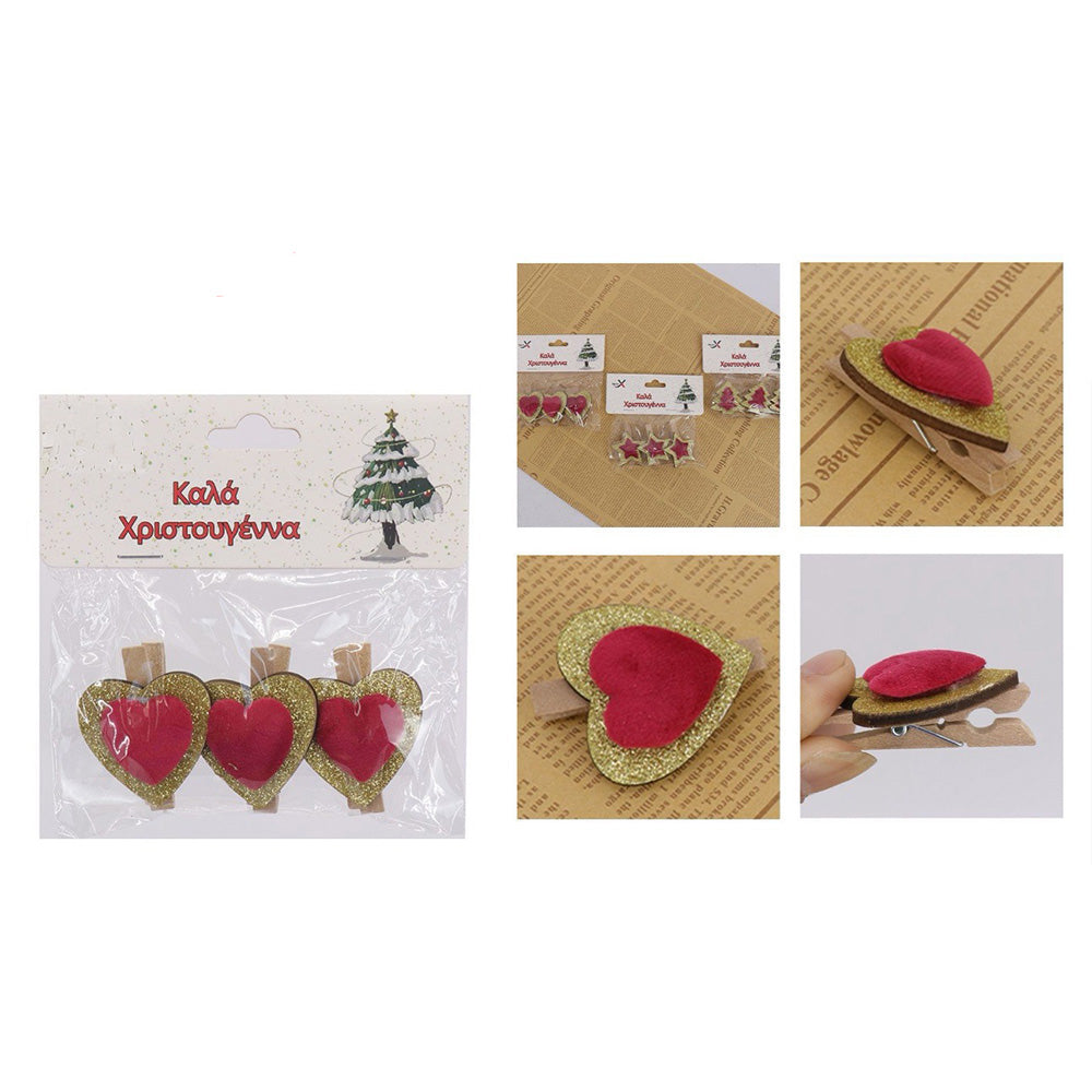 Χριστουγεννιάτικα Διακοσμητικά Χειροτεχνίας Ξύλινα Μανταλάκια με Χρυσό Glitter & Κόκκινο Βελούδο – 3 Τεμάχια, 3 Σχέδια (1 Σετ)