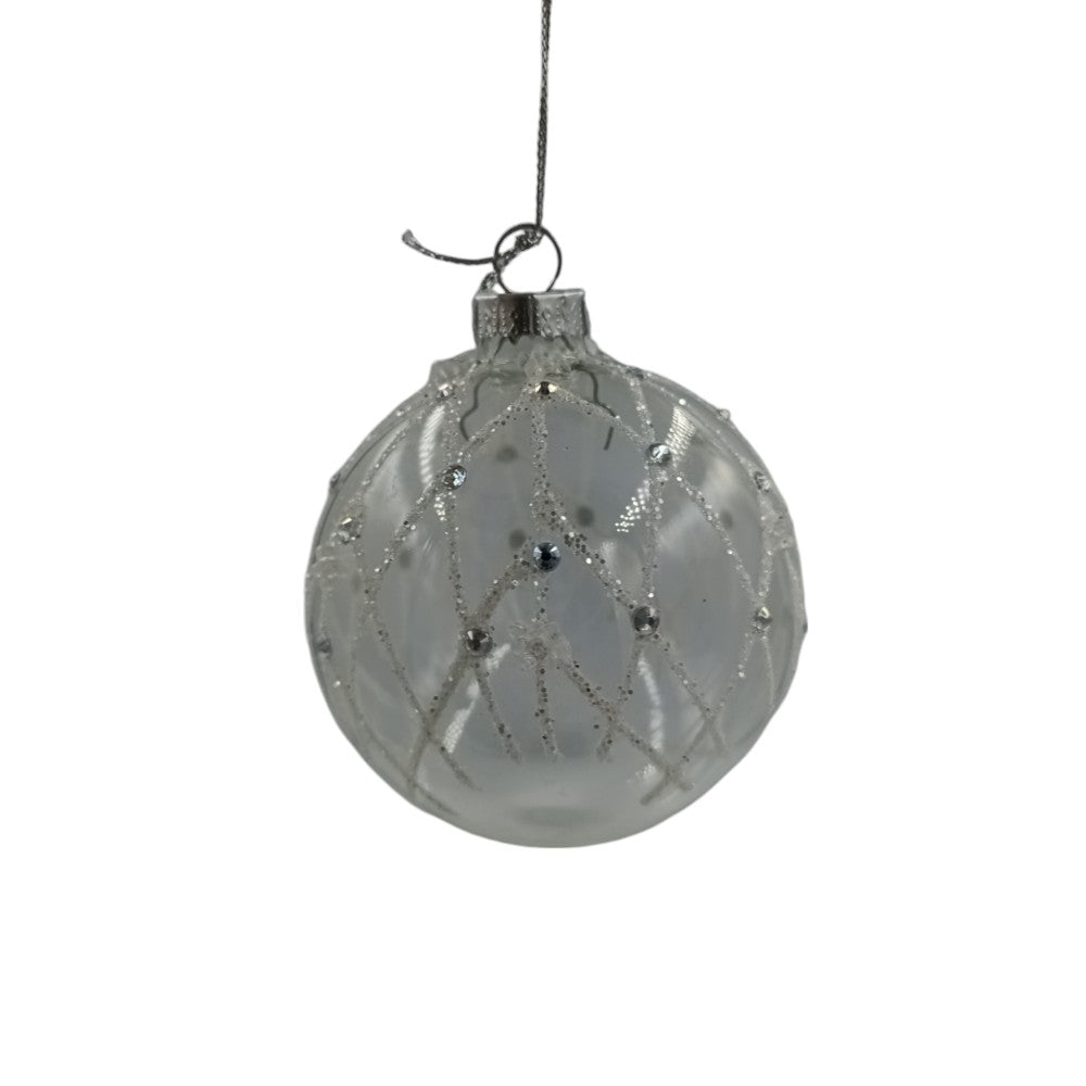 Χριστουγεννιάτικη Μπάλα Γυάλινη Διάφανη Με Στρας Και Λευκά Σχέδια Glitter 8εκ