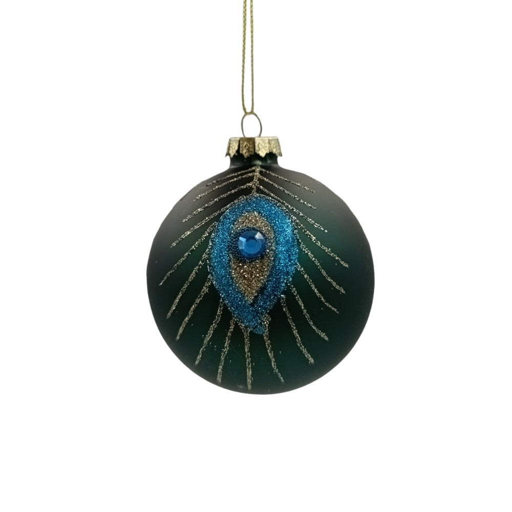 Χριστουγεννιάτικη Μπάλα Γυάλινη Πράσινη Φτερά Παγωνιού 8εκ