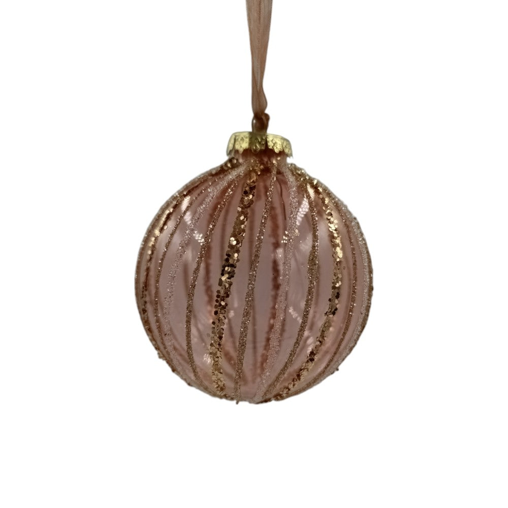 Χριστουγεννιάτικη Μπάλα Γυάλινη Ροζ Gold Με Glitter Ρίγες 8εκ
