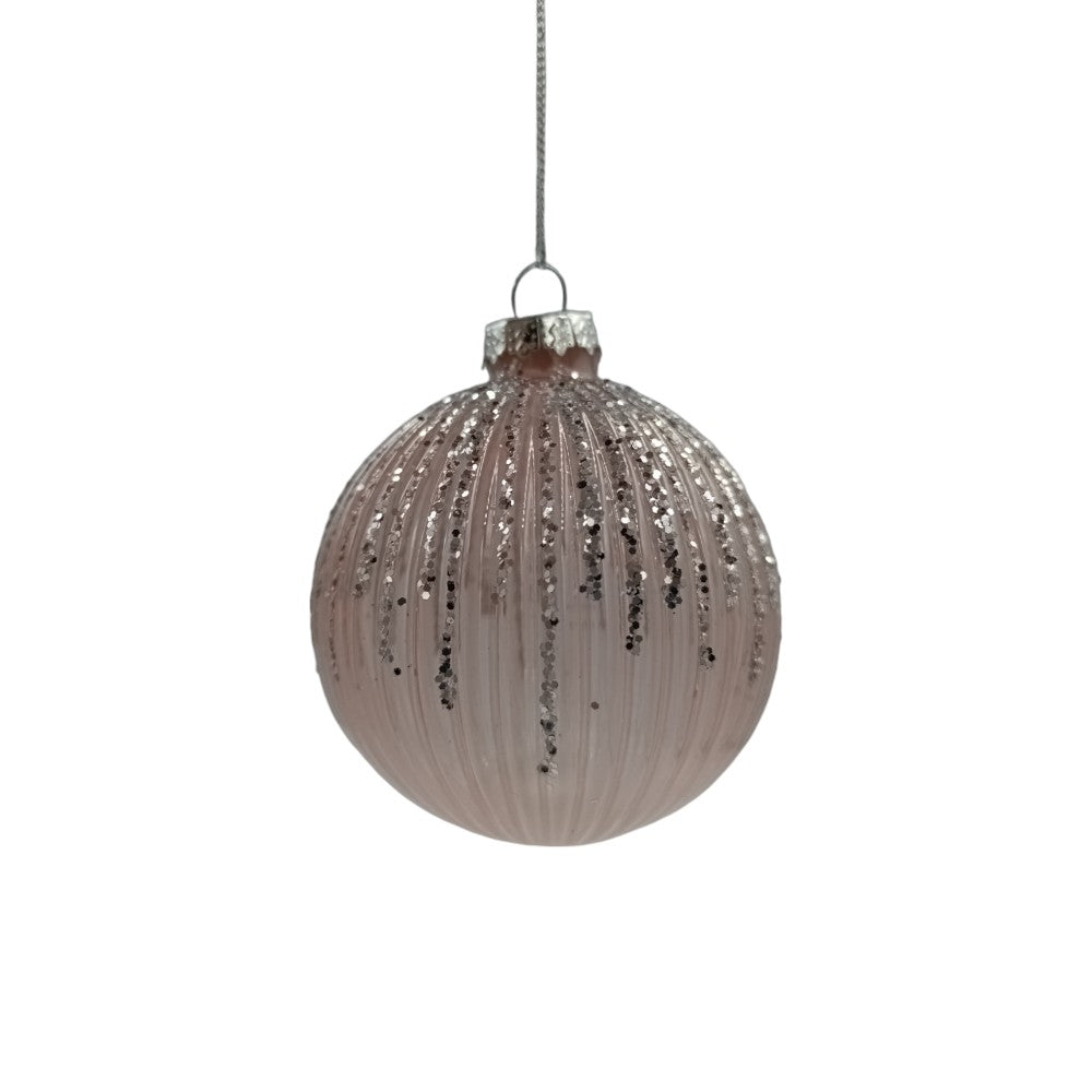 Χριστουγεννιάτικη Μπάλα Γυάλινη Ροζ Με Glitter Ρίγες 8εκ