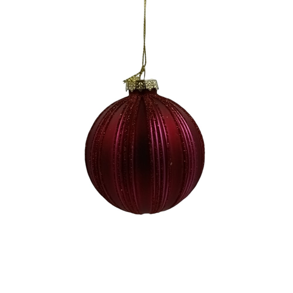 Χριστουγεννιάτικη Μπάλα Γυάλινη Κόκκινη Μεταλλιζέ Με Glitter Ρίγες 8εκ
