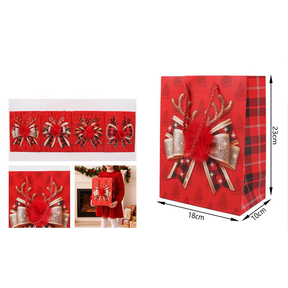 Χριστουγεννιάτικη Σακούλα Δώρου Ταρανδάκι με Κόκκινη Φούντα 23×18×10εκ