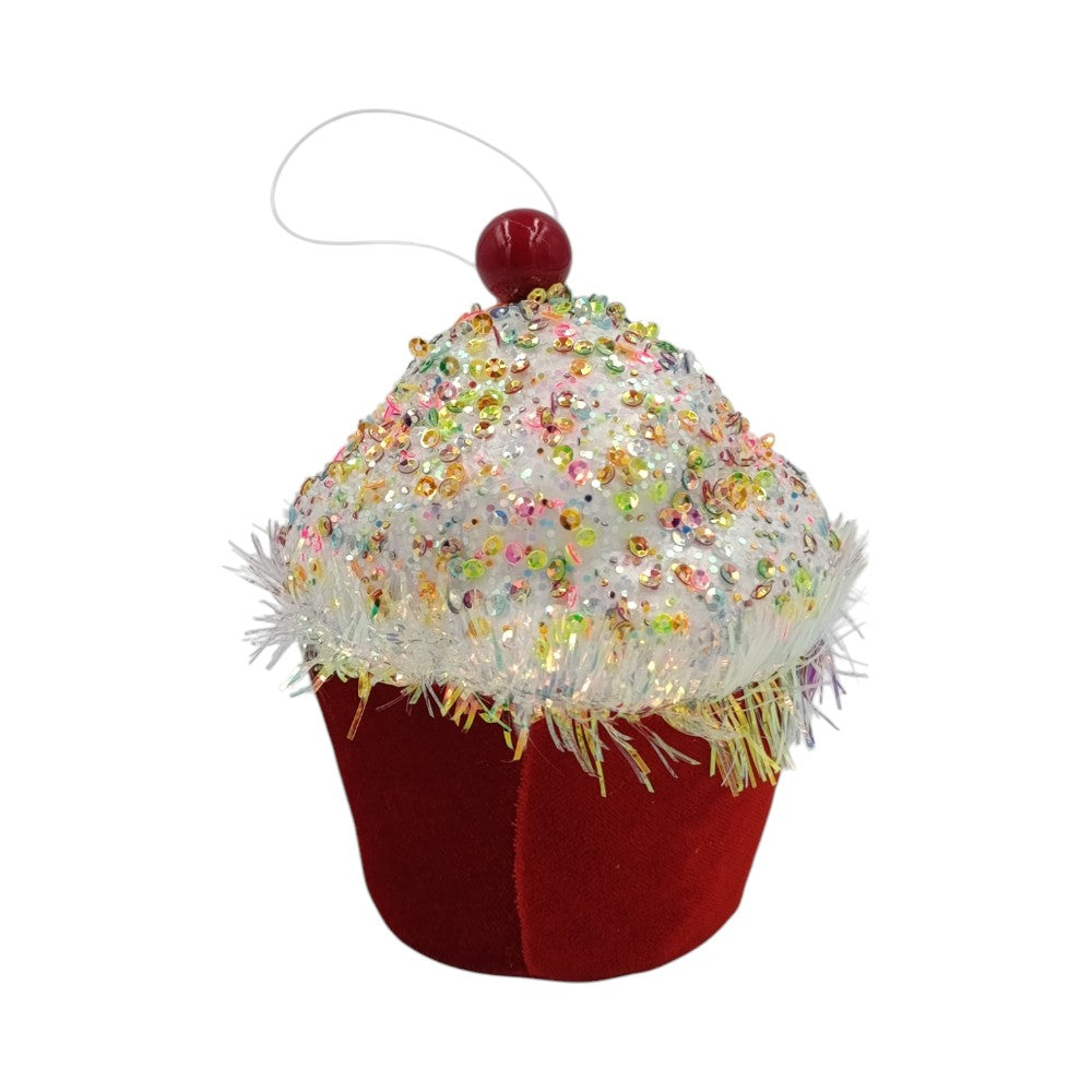 Χριστουγεννιάτικο Στολίδι Cupcake Φελιζόλ Κόκκινο Με Πολύχρωμες Πούλιες 11εκ