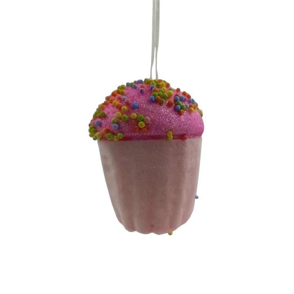 Χριστουγεννιάτικο Στολίδι Δέντρου Cupcake Ροζ Φελιζόλ Με Πολύχρωμη Τρούφα 10Χ8.5εκ