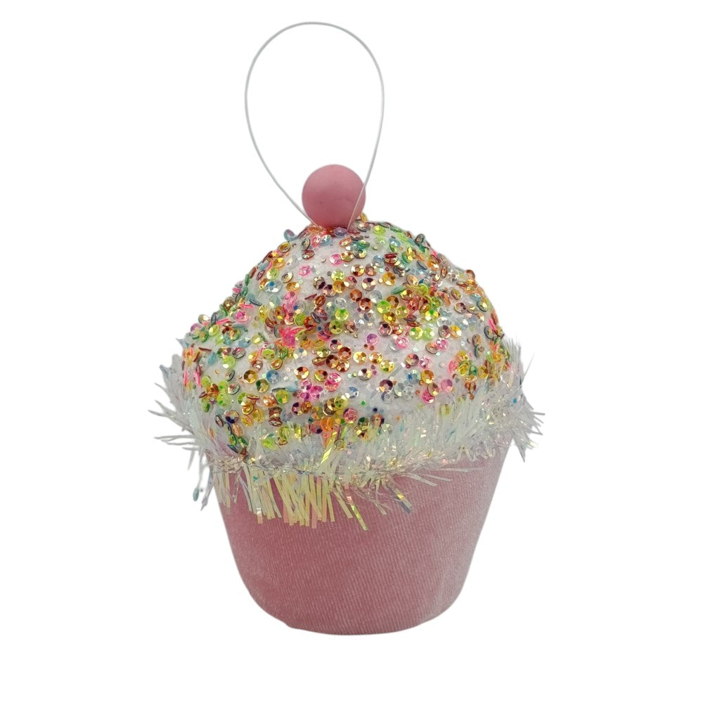 Χριστουγεννιάτικο Στολίδι Cupcake Φελιζόλ Ροζ Με Πολύχρωμες Πούλιες 11εκ